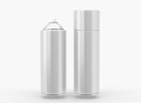 Spray bottles with open and closed caps, packaging mockup. Aerosol cans for Illustrazione stock