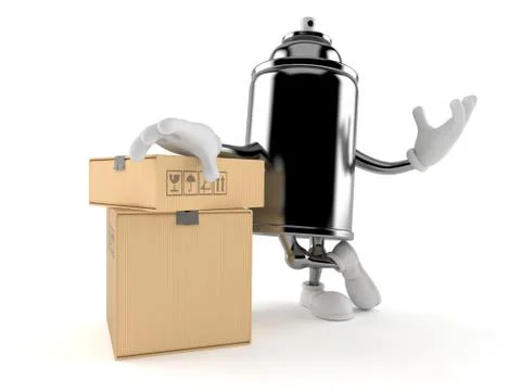 Spray can character with stack of boxes Stock Illustration