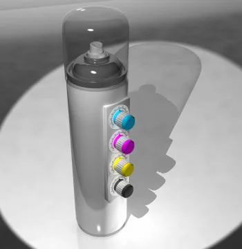 A spray can of paint and a remote control color cmyk. 3d render. Stock Illustration