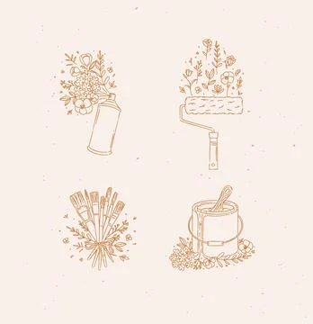 Spray can, paint roller, brush and can in floral arrangement beige Stock Illustration
