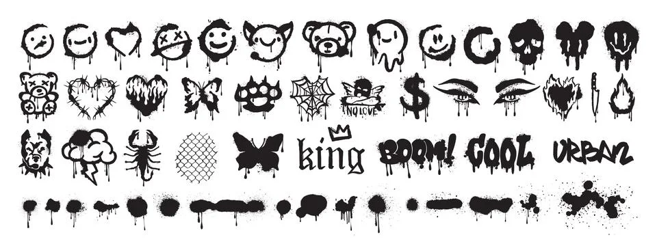 Spray graffiti element set, can splatter brush drip smiling vector kit Illustrazione stock
