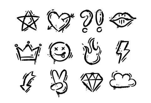 Spray graffiti element set. Collection of spray texture flame, crown, face Stock Illustration