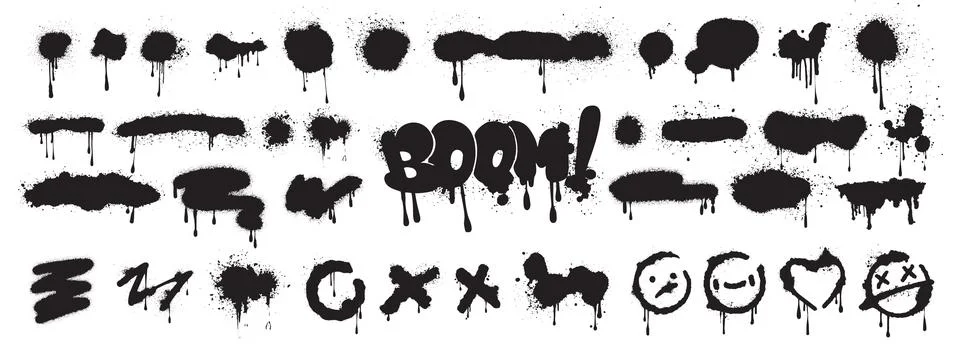 Black Paint Spray Graffiti with Splatter and Drips, Vectors