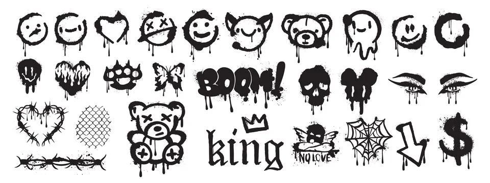 Spray graffiti element vector set, can splatter brush drip smiling kit Illustrazione stock