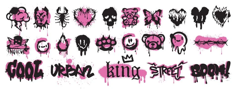 Spray graffiti element vector set, can brush drip splatter smiling kit Illustrazione stock