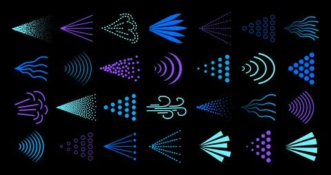 Spray mist icon pack isolated on black background. Blue spray steam icons. Fluid Stockillustratie