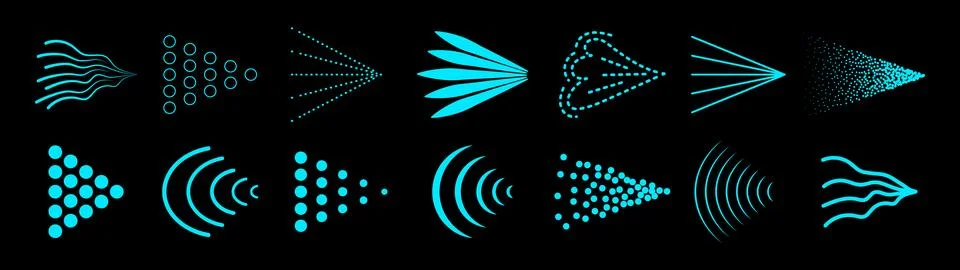 Spray mist icon pack isolated on black background. Blue spray steam icons. Fluid Stockillustratie