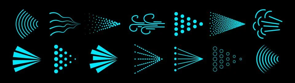 Spray mist icon pack isolated on black background. Spray steam icons. Fluid, air Stockillustratie