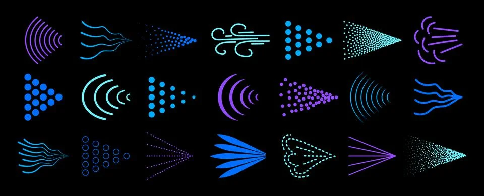 Spray mist icon pack isolated on black background. Blue spray steam icons. .. Stockillustratie