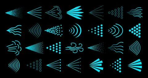 Spray mist icon pack isolated on black background. Blue spray steam icons. Fluid Stock Illustration