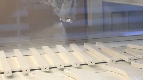 Spray paint application on an automatic line Stock Footage 88593434