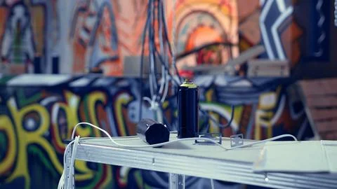 Spray paint cans in desolate location used by teens to do art Fotos de archivo