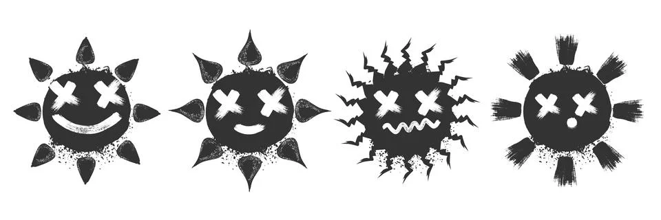 Spray paint graffiti element set of grunge summer happy SUN with grungy face Stock Illustration