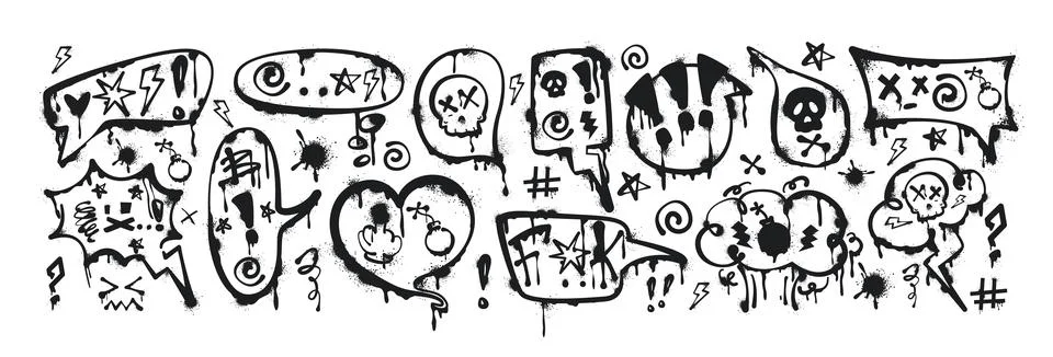 Spray paint graffiti speech bubbles with curses, insults, swear words and Stock Illustration
