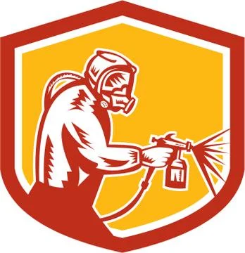 Spray paint gun painter spraying shield retro Stock Illustration