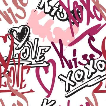 Spray painted graffiti text on vector seamless pattern design, Love, kiss, xoxo Illustrazione stock