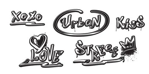 Spray painted graffiti text vector set, Love, kiss, urban, xoxo, street words Stock Illustration