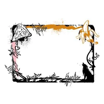 Spray painted horizontal vector border, graffiti howling wolf, banana, pizza and Stock Illustration