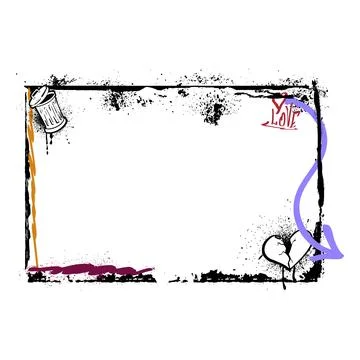 Spray painted horizontal vector border, graffiti broken heart, trash can and Stock Illustration