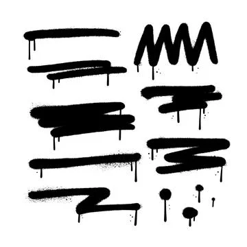 Spray painted lines, zigzag and grunge dots set. Paint splatter circle shapes Stock Illustration