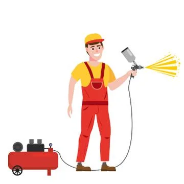 Spray painter professional character spraying yellow paint from paint gun and Stock Illustration