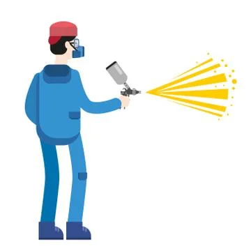 Spray painter professional character spraying yellow paint from paint gun Stock Illustration