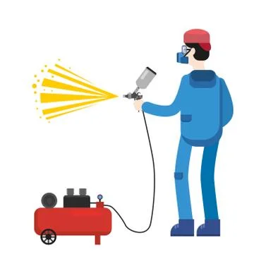 Spray painter professional character spraying yellow paint from paint gun Stock Illustration