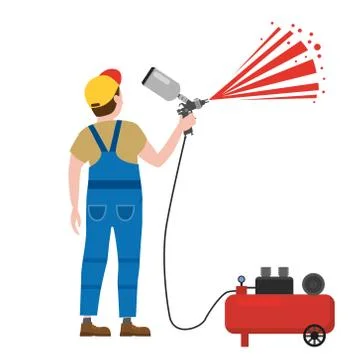 Spray painter professional character spraying yellow paint from paint gun wea Stock Illustration