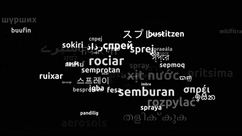 Spray Translated in 64 Worldwide Languages Endless Looping 3d Zooming Wordclo 库存影片 145198205