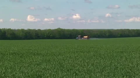 Sprayer on green wheat field contributes crop protection products Video stock 154694493