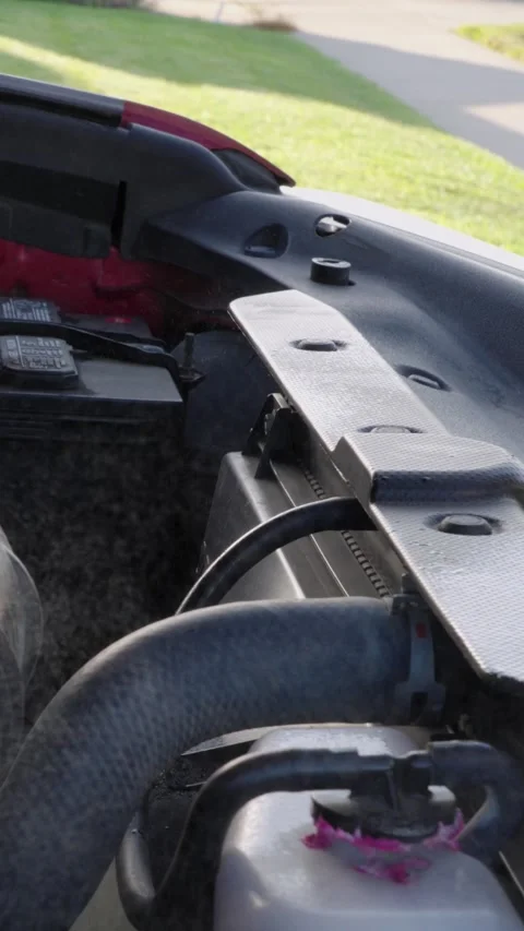 Spraying and cleaning engine compartment of car-suv vertical video Stockbeeldmateriaal 285023515