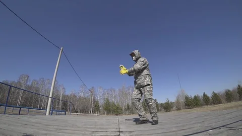 Spraying the area from the virus Video stock 128229881