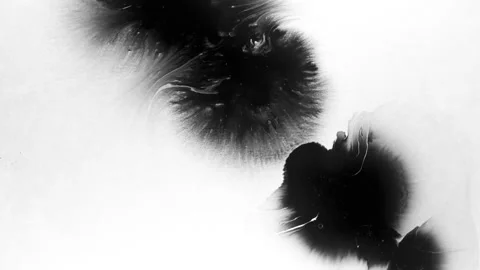 Spraying black paint on a white background Stock Footage 305493049