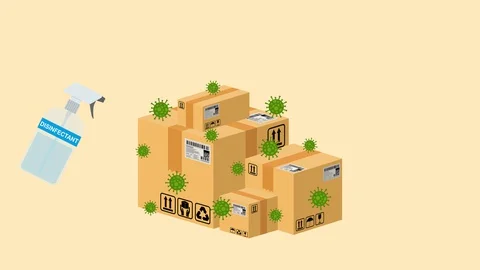 Spraying disinfectant on parcels and boxes during coronavirus Stock Footage 129496031