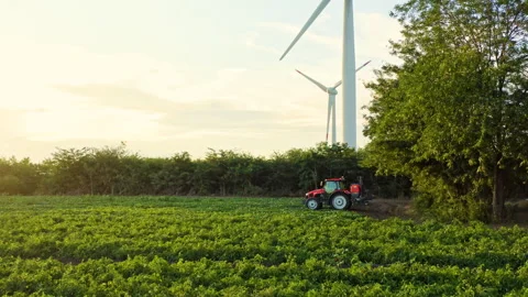 Spraying herbicides on in field. Working at sunset against wind turbines Stock Footage 246995347