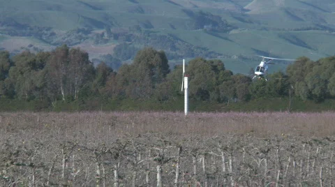 Spraying an orchard with a helicopter Stock Footage 836877