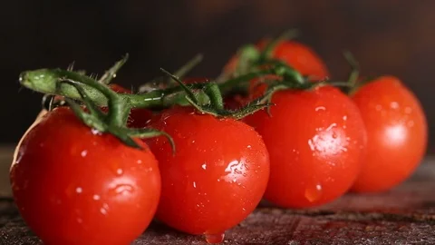 Spraying water on a fresh row cherry tomatoes Stock Footage 101029439