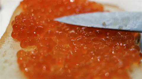 Spread caviar on bread, spread caviar with a knife. Close-up, real time, Stock Footage 108063654