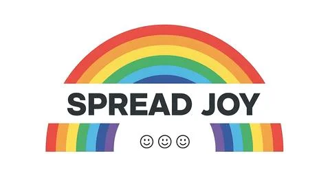 Spread joy message with colorful rainbow and happy smiling faces, positive .. Stock Illustration