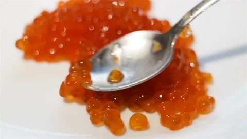 Spread the red caviar on a plate. Check the quality of caviar. Expensive treat c Stock Footage 108186568