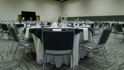 Spread tables in a venue 스톡 동영상 77081411
