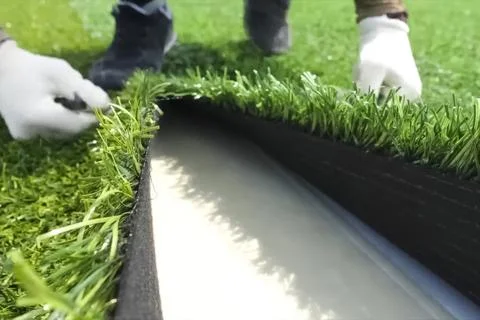 Spreading artificial turf in stadium, rolling out rolls of lawn and leveling. Stock Photos