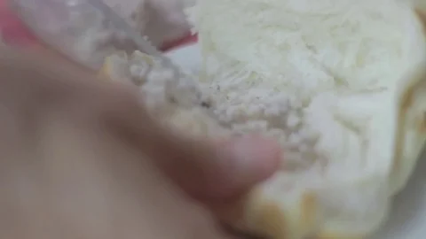 Spreading cheese tahini on a bread Stock Footage 79539429