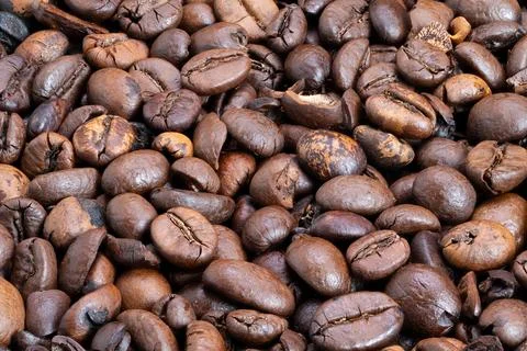 Spreading coffee beans in pattern with energetic morning essence, Melancholy roa 写真素材