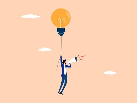 Spreading knowledge, young entrepreneurs fly with light bulbs and make anno.. Stock Illustration