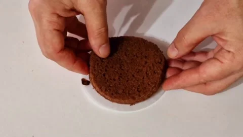 Spreading melted chocolate on liner and placing sponge cake for dessert making Stock Footage 326633540