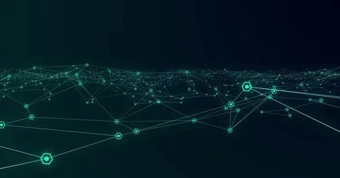 Spreading network reaching horizon in data space, with hexagonal nodes, Stock Photos