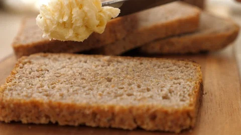 Spreading Vegan Butter On Rye Bread Without Dairy And Eggs. Closeup. Stock Footage 126147929