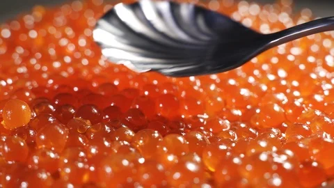 Spreads red caviar. Background of red caviar, a spoon lines the caviar in a Stock Footage 123633080