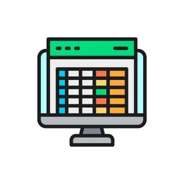 Spreadsheet, computer screen, financial accounting report flat color icon. 스톡 일러스트